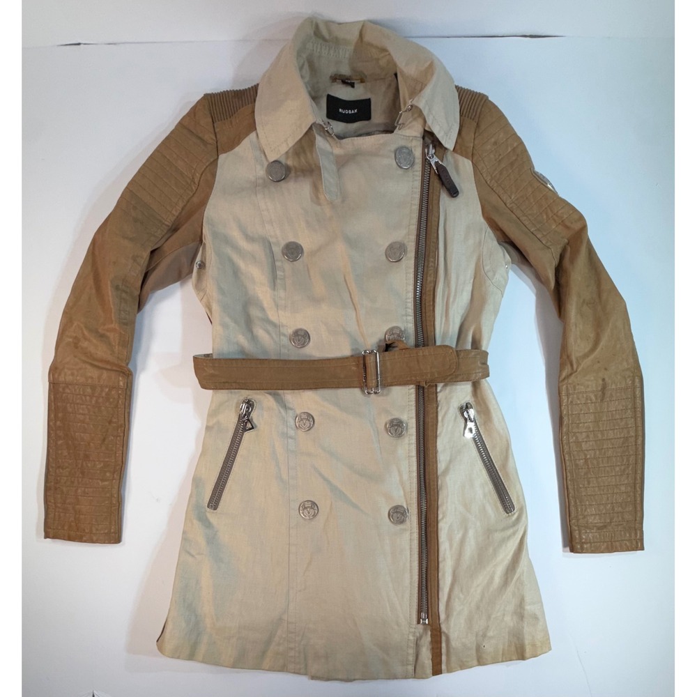 Rudsak Canadian Heritage Mixed Media Moto Trench Coat Tan Brown P/S